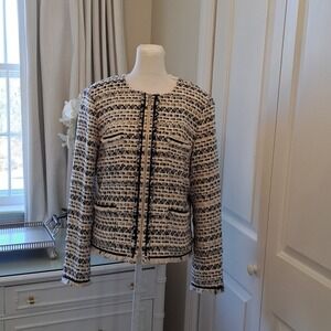 Lafayette 148 Womens Tweed Fringe Blazer Jacket Zipper Wool Size 10